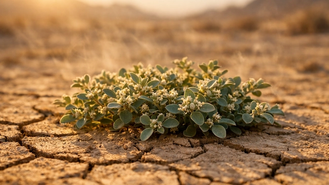 Tidestromia oblongifolia creciendo en suelo desértico agrietado bajo calor extremo, mostrando su capacidad de sobrevivir a altas temperaturas