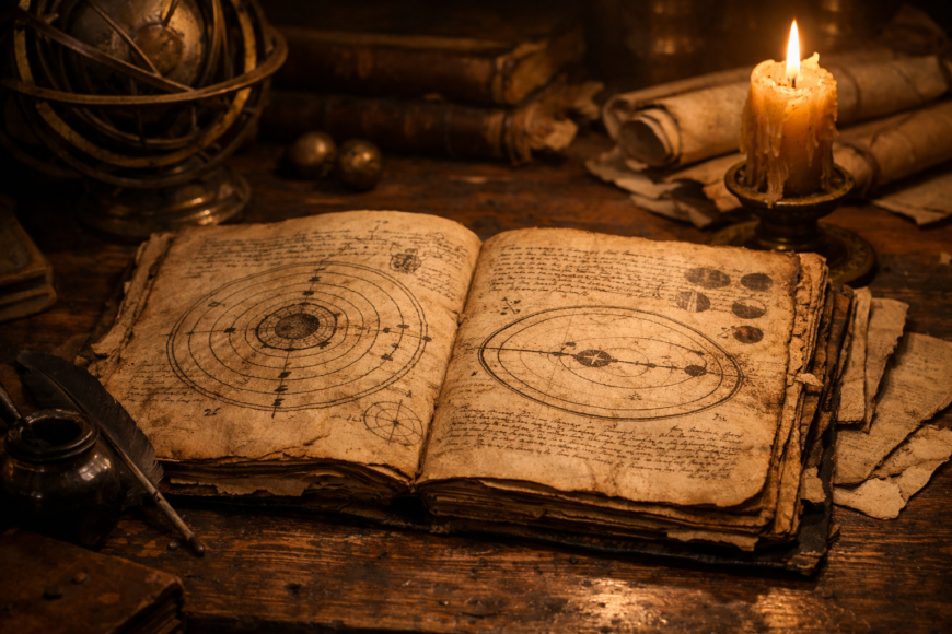 Manuscrito científico antiguo representando una teoría histórica que fue posteriormente refutada